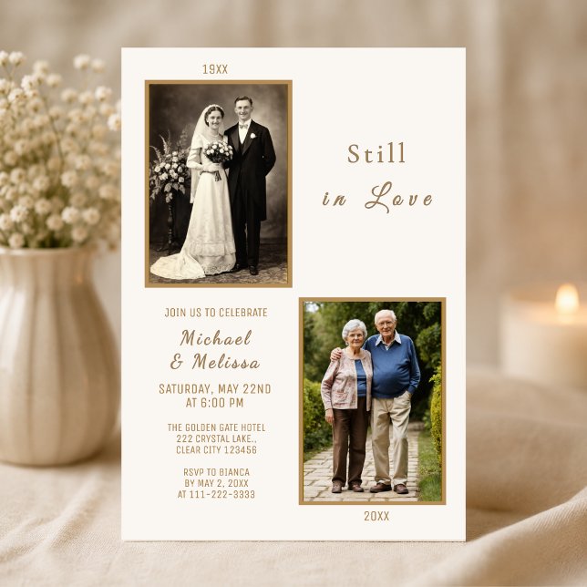 Fortfarande kärleksjubileumsinbjudan inbjudningar (Elegant still in love anniversary invitation with timeless ivory and gold romance)