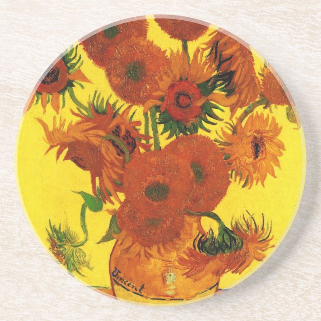 Fortfarande Life Vas w 15 Sunblommor Vincent van G Underlägg Sandsten (Framsidan)