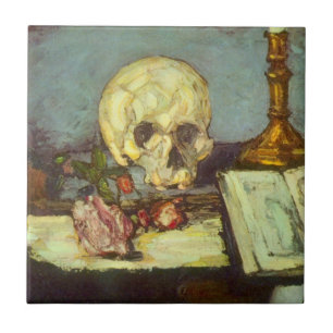 Fortfarande Life w Skull, ljus, Bok av Paul Cezann Kakelplatta