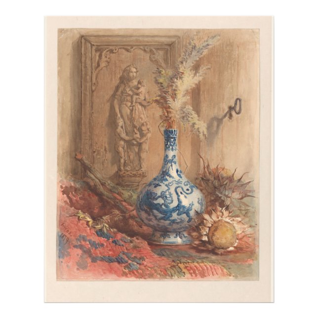 Fortfarande liv med kinesiskt vas och torkad solro fototryck (Framsidan)