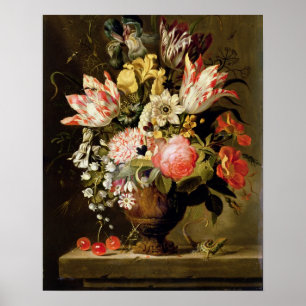 Fortfarande livet för blommor i Vas med en ödla på Poster