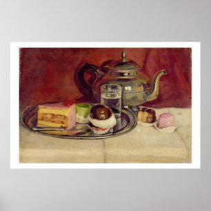 Fortfarande med Cakes och en Silver-Tekanna (olja Poster