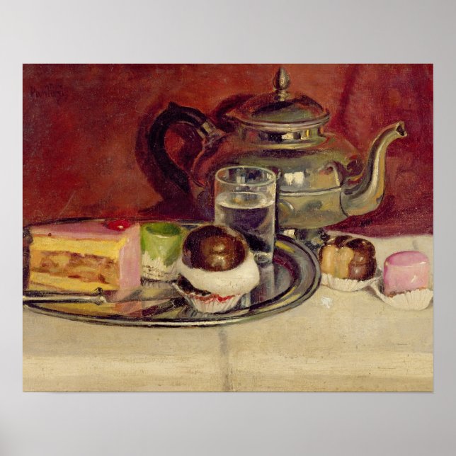 Fortfarande med Cakes och en Silver-Tekanna (olja  Poster (Framsidan)