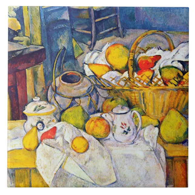 Fortfarande med Fruit Basket, Paul Cezanne Kakelplatta (Framsidan)