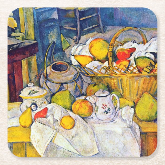 Fortfarande med Fruit Basket, Paul Cezanne Underlägg Papper Kvadrat (Framsidan)
