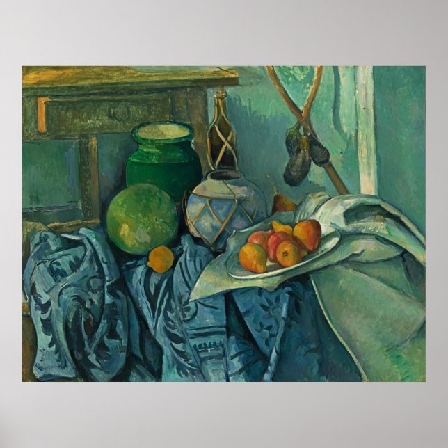 Fortfarande med Ginger Burk och Eggplant, Cezanne Poster (Framsidan)