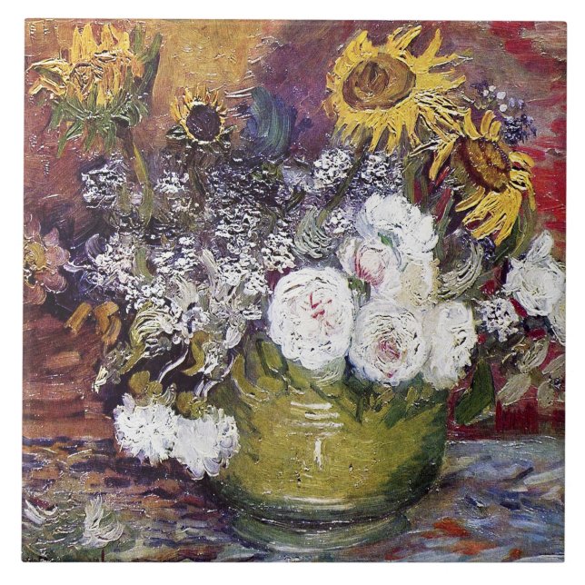 Fortfarande med Ro och solblommor - Van Gogh Kakelplatta (Framsidan)
