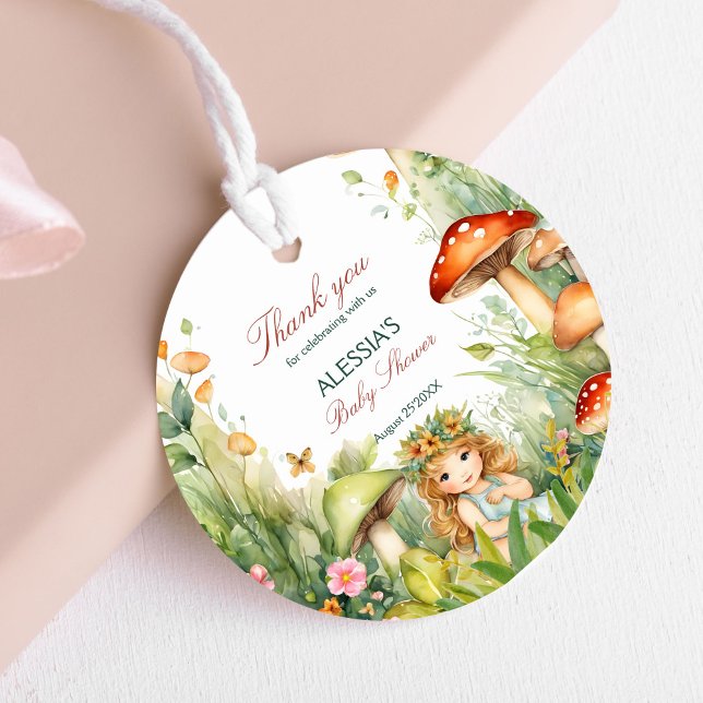 Förtjusad babydusch för trädgårdsodling gåvor etiketter (Enchanted garden forest mushrooms fairy baby shower thank you favor tags)