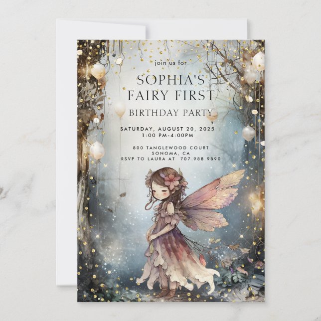 Förtjusad Forest Fairy First Girl Birthday Inbjudningar (Framsida)