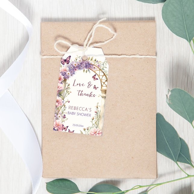 Förtjusad trädgårdsfjärilar för babydusch presentetikett (Enchanted garden butterflies baby shower favor gift tags pastel lilac flower garden arch thank you )