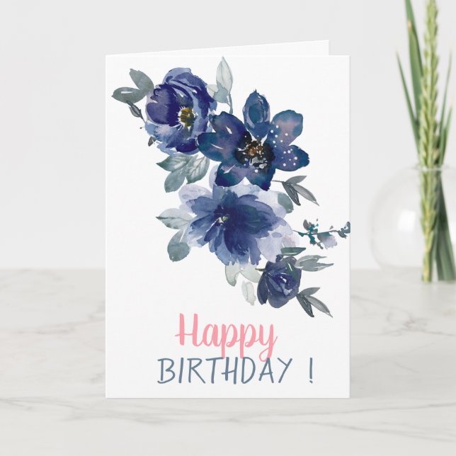 Förtjusande akvarellblå blommor födelsedag kort (Framsida)