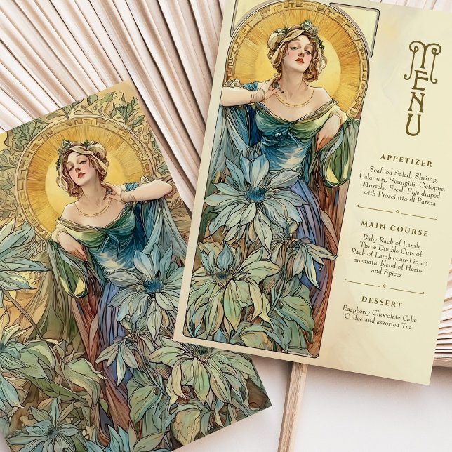 Förtjusande Art nouveau Bröllop solupplyst menykor Inbjudningar (Skapare uppladdad)