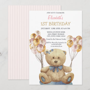 Förtjusande ballonger med randig teddybjörn födels inbjudningar