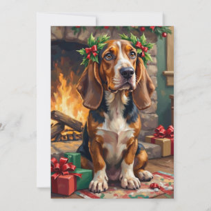 Förtjusande Basset Hound Hund med Julkrans Julkort
