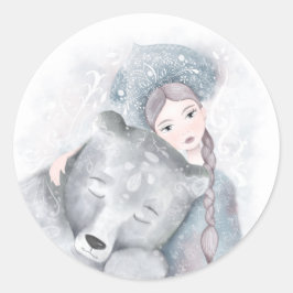 Förtjusande björn och flickfester runt klistermärke