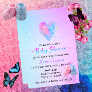 Förtjusande Blue & Rosa Butterfly Baby Shower Inbjudningar