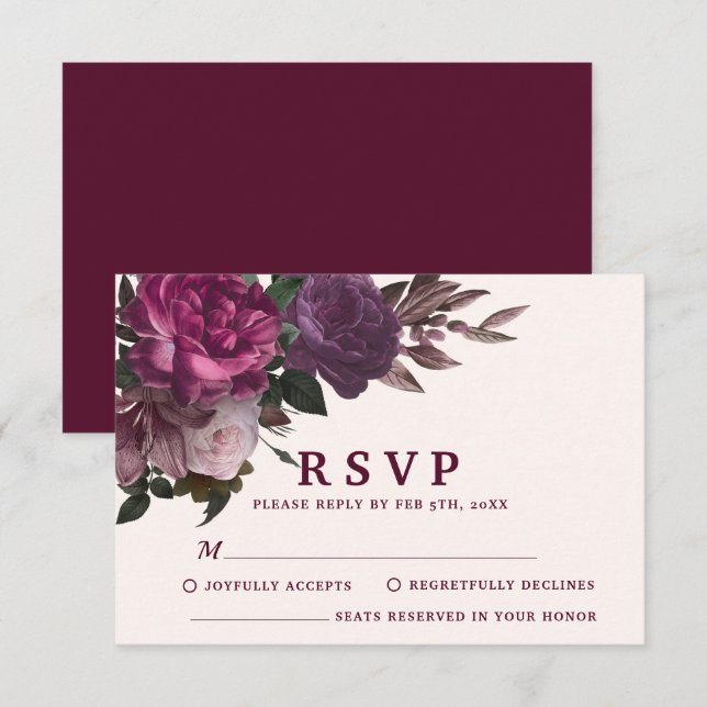 Förtjusande Burgundy & Maroon Blommigt Winter Wedd OSA Kort (Fram/baksida)