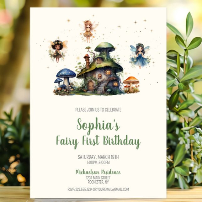 Förtjusande Fairy First Birthday Mushroom Inbjudningar (Enchanted Fairy First Birthday Mushroom Invitation, Whimsical Fairy Garden Invite, Woodland Pixie)