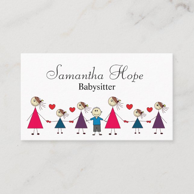 Förtjusande färgrik stick figurbarnBabysitter Visitkort (Framsida)