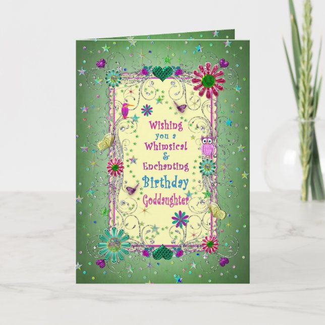 Förtjusande Grönt/Gult Birthday, Goddotter Kort (Framsida)