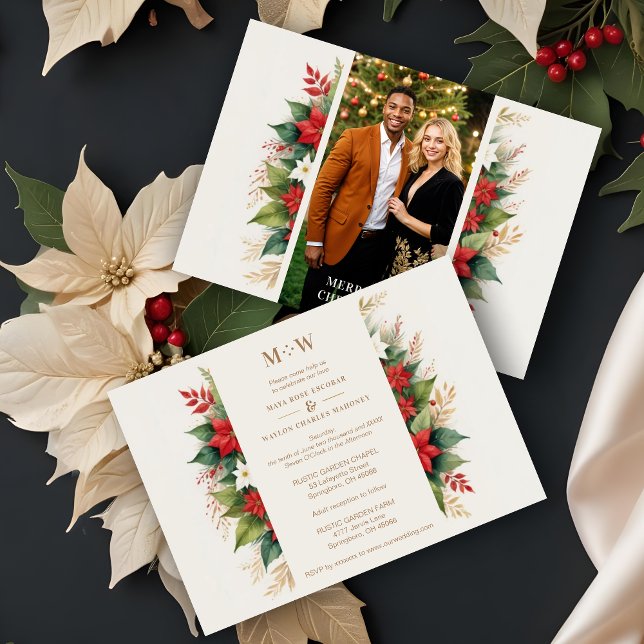 Förtjusande Holly & julfoto Inbjudningar (Enchanting Holly Branches & Christmas Poinsettias Flowers Photo Faux Golden Wedding Invitations Card)