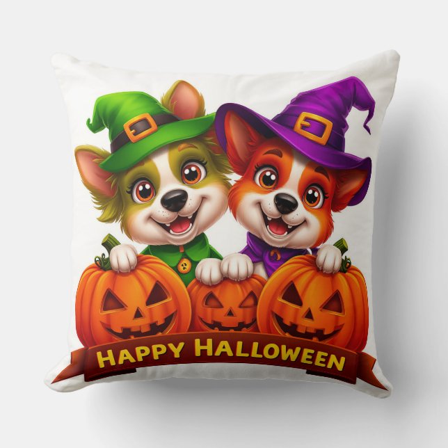 Förtjusande hundar i Halloween-kostymer Kudde (Framsida)