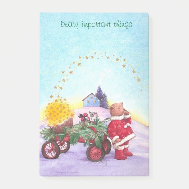 Förtjusande julbjörn med röd vagn post-it block (Framsida)