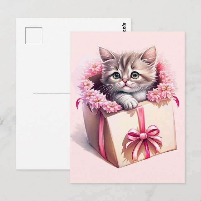 Förtjusande kattunge i en födelsedagspresentlåda vykort (Fram/baksida)