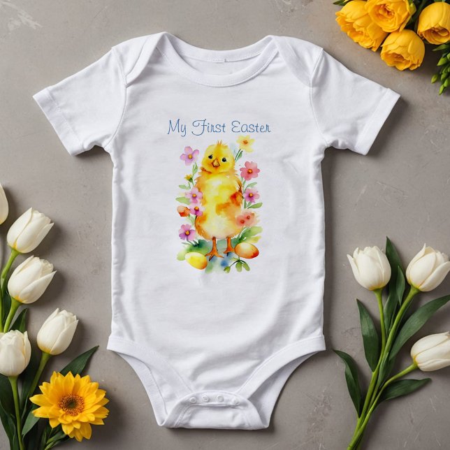 Förtjusande påskkyckling i akvarell - perfekt för  t shirt (Adorable baby's first Easter with cute chick flowers and eggs Spring outfit for sweet photoshoot)