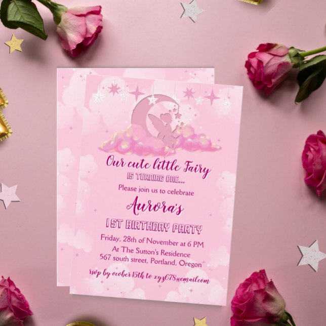 Förtjusande Rosa Little Fairy i Clouds Birthday Inbjudningar (Skapare uppladdad)