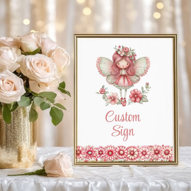 Förtjusande Sagoprinsessa Röda Blommiga Födelsedag Poster (Delightful Fairy Girl Blush Floral Birthday Custom Sign

)