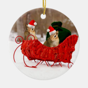 Förtjusande Santa babyjordekorrar i Sleigh Julgransprydnad Keramik