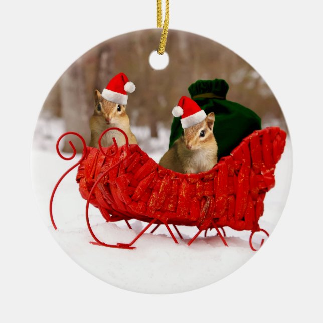 Förtjusande Santa babyjordekorrar i Sleigh Julgransprydnad Keramik (Framsidan)