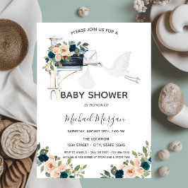 Förtjusande Stork Brevlåda Blå Blommor Baby Shower Inbjudningar