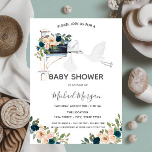Förtjusande Stork Brevlåda Blå Blommor Baby Shower Inbjudningar