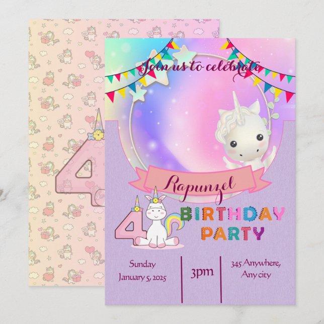 Förtjusande Unicorn-4e födelsedagen-inbjudan Inbjudningar (Fram/baksida)