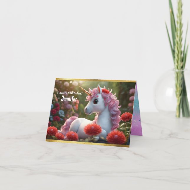 Förtjusande Unicorn Birthday Folded Greeting Card Kort (Framsida)