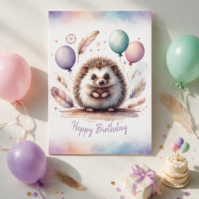 Förtjusande Vattenfärgsiggelkort för Födelsedagen Julkort (Adorable Watercolor Hedgehog Happy Birthday Card)