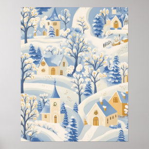 Förtjusande vinterby scen i snöigt landskap poster