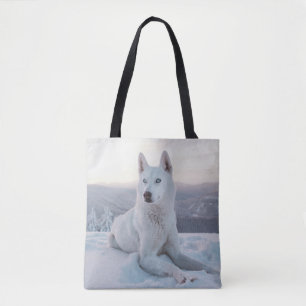 Förtjusande White Husky Hund i snö Tygkasse