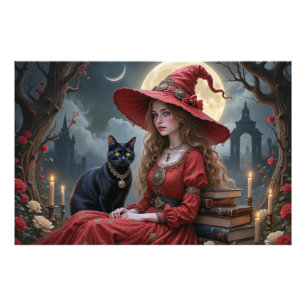 Förtjusande Witch Girl med svart katt Fototryck