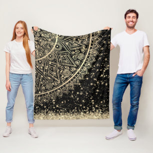 Förtjusning Mandala med Guld Stars på Black Fleecefilt