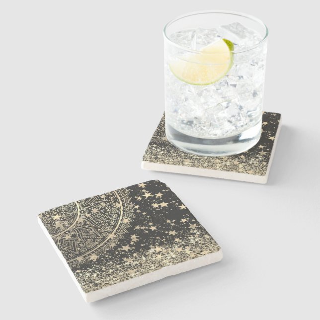 Förtjusning Mandala med Guld Stars på Black Stenunderlägg (Sidan)