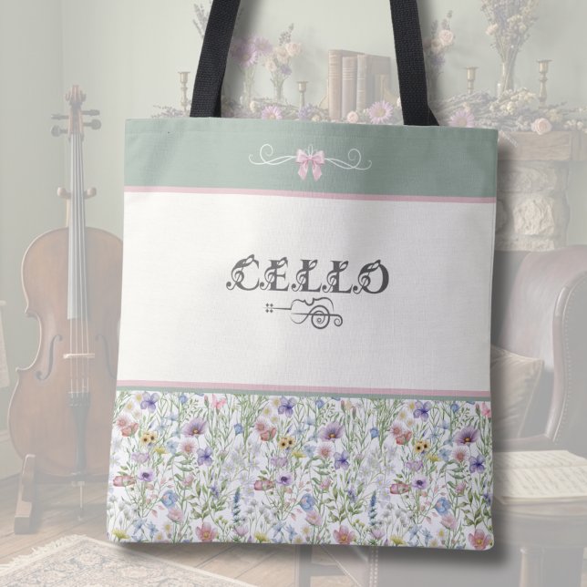 Förtrollad äng Cello-väska | Blommig musiker Tygkasse (Custom Cello Tote Bag | Whimsical Sage Green & Pink Wildflower | Botanical Music Gear)