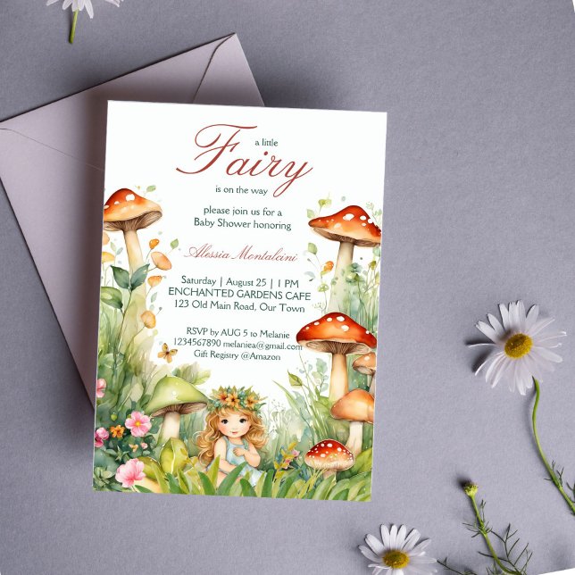 Förtrollad babydusch för trädgårdsodling inbjudningar (Enchanted garden cute fairy baby shower invitation editable template download forest mushrooms)
