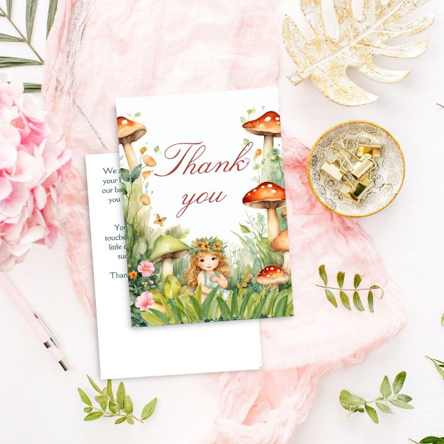 Förtrollad babydusch för trädgårdsodling tack kort (Enchanted forest garden fairy baby shower thank you card mushrooms cute butterfly fairy thank you)