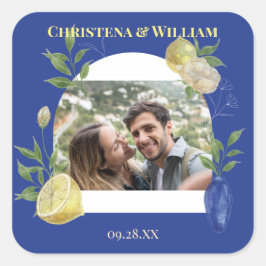 Förtrollad Blå Citronblom Foto Bröllop Fyrkantigt Klistermärke
