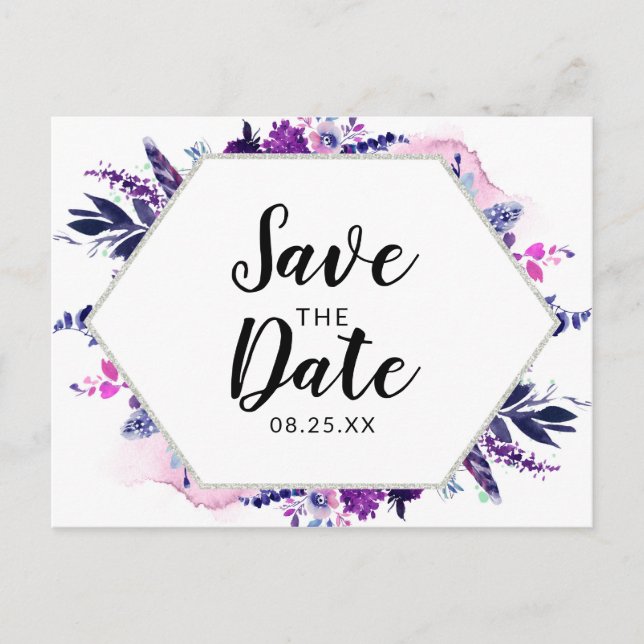 Förtrollad blom- violett vattenfärgspara datera meddelande vykort (Framsida)