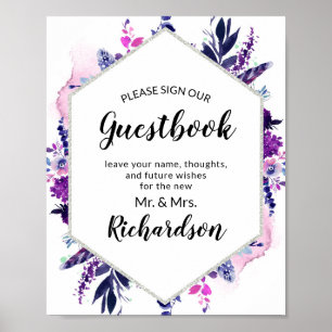 Förtrollad Blommig Lila Tecken Vår Gästbok Tecken Poster