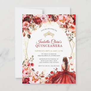 Förtrollad Blommig Scarlet Elegans Guld Quinceaner OSA Kort